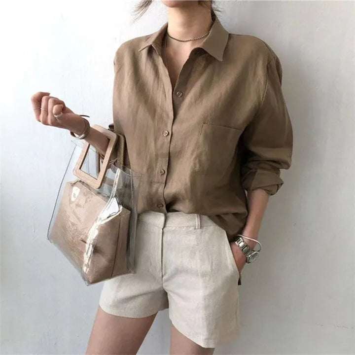 Women's Soft Linen Blend Open Collar Shirt – Relaxed Oversized Fit