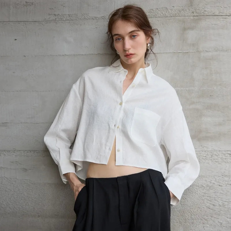 Women's 100% Linen Cropped Oversized Shirt – Long Sleeve