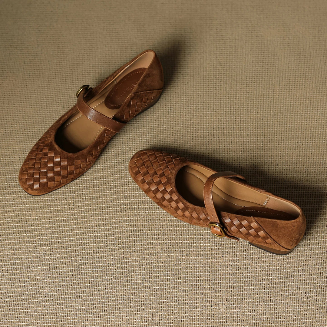Women's Sheepskin Woven Mary Jane Shoes Diamond Pattern – Block Heel