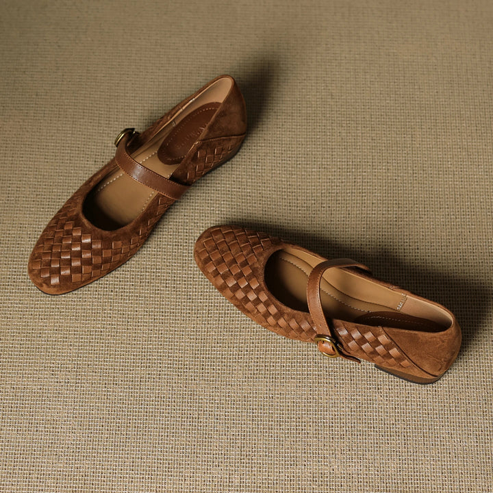 Women's Sheepskin Woven Mary Jane Shoes Diamond Pattern – Block Heel