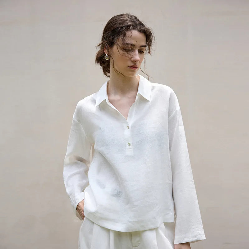 Women's 100% Linen Polo Collar Pullover – Relaxed Oversized Fit