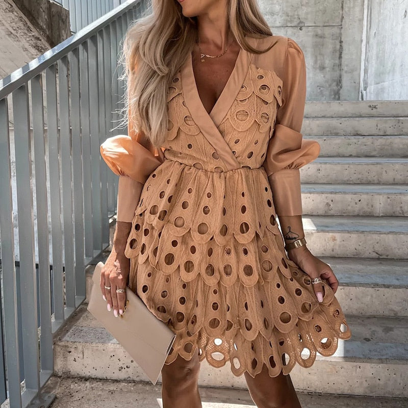 Women's Embroidered Cutwork Mini Dress – Sheer Sleeves Fitted Waist