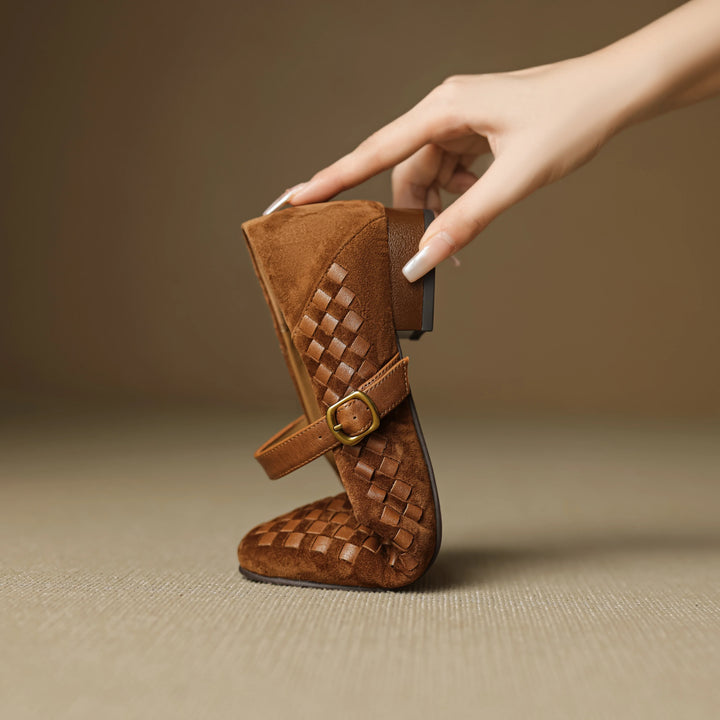 Women's Sheepskin Woven Mary Jane Shoes Diamond Pattern – Block Heel