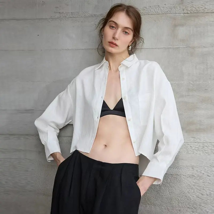 Women's 100% Linen Cropped Oversized Shirt – Long Sleeve