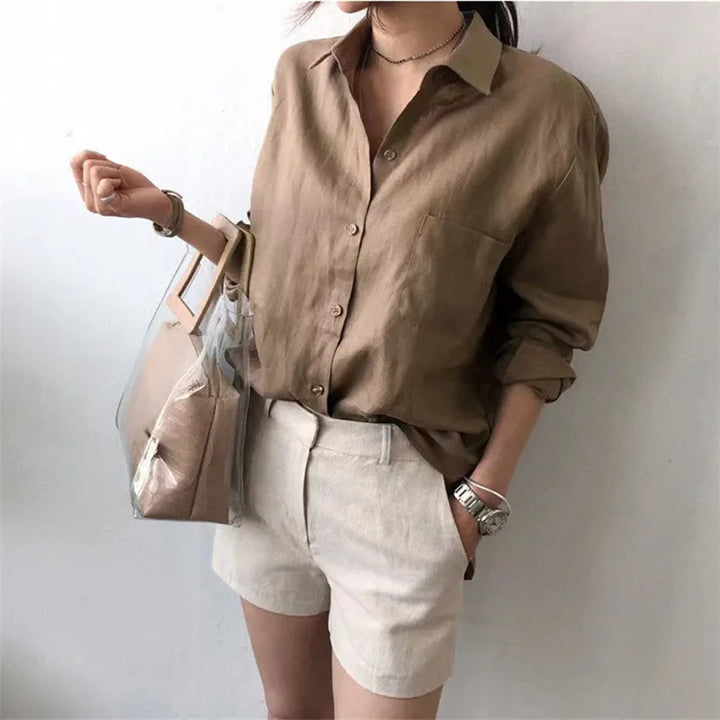Women's Soft Linen Blend Open Collar Shirt – Relaxed Oversized Fit