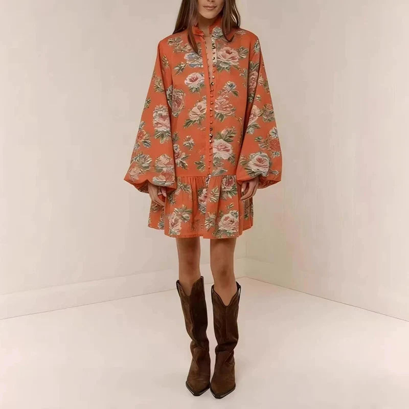 Women's Floral Button-Down Mini Dress – Stand Collar Lantern Sleeve Ruffle