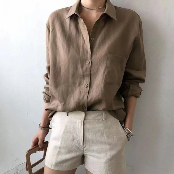 Women's Soft Linen Blend Open Collar Shirt – Relaxed Oversized Fit