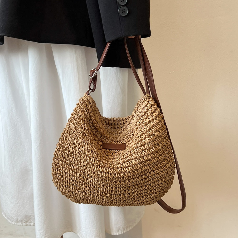 Bohemian Knit Tote Bag – Chunky Mesh & Vegan Leather Strap