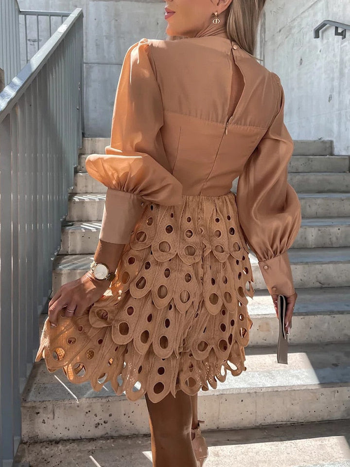 Women's Embroidered Cutwork Mini Dress – Sheer Sleeves Fitted Waist