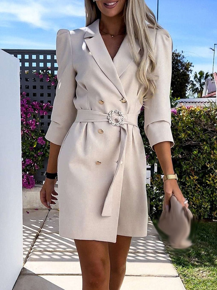 Women's Double-Breasted Blazer Mini Dress – Belted Structured Tailored