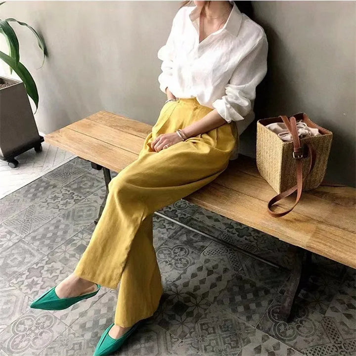 Women's Soft Linen Blend Open Collar Shirt – Relaxed Oversized Fit