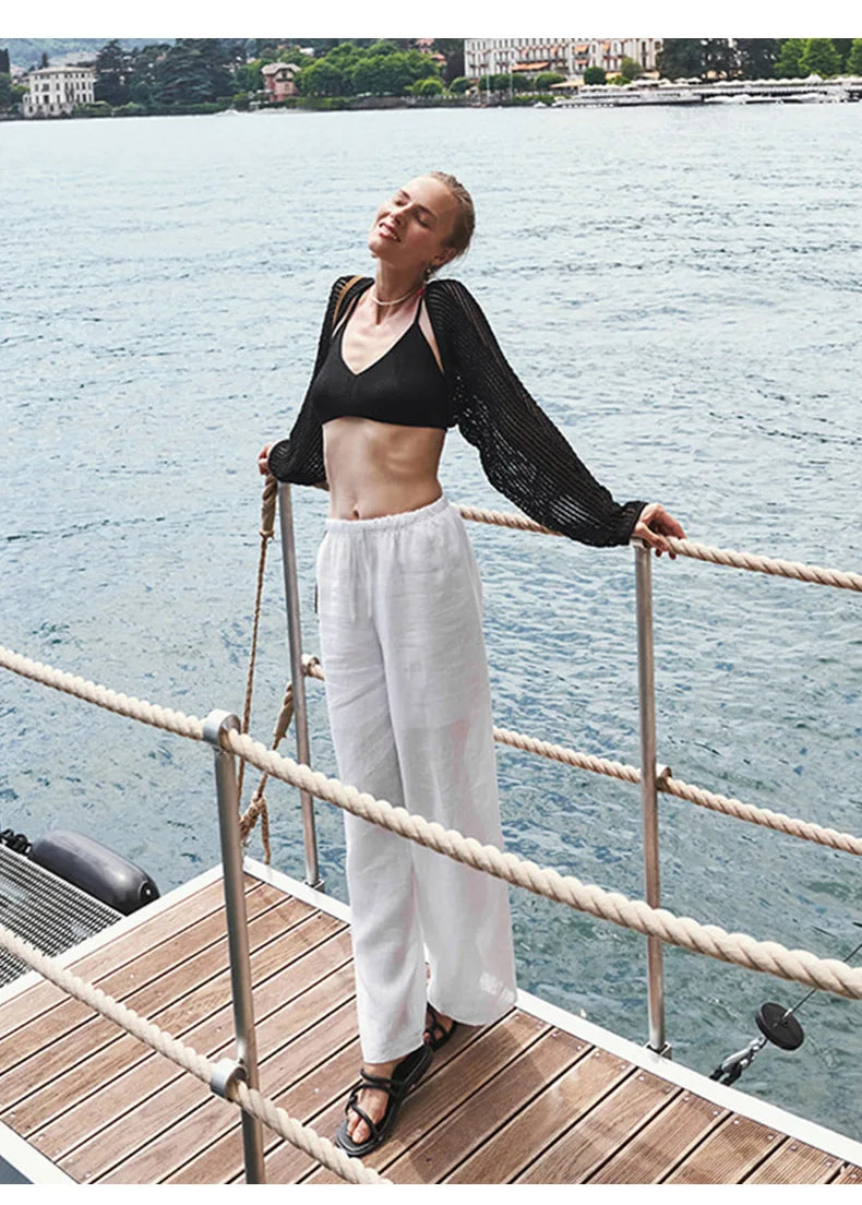 Women's Linen Wide Leg Pants – Low-Rise Elastic Drawstring Waist