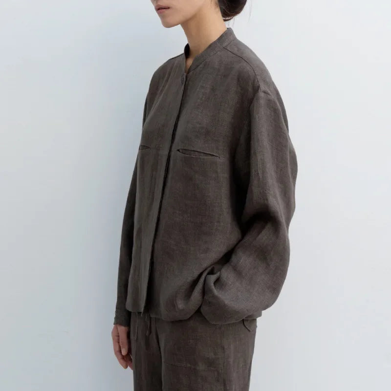 Women's Linen Longline Jacket Stand Collar – Horn Buttons