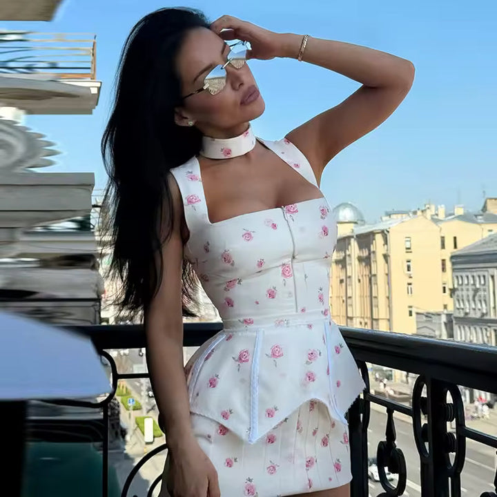 Women's Square Neck Mini Dress – Sleeveless Printed Fit