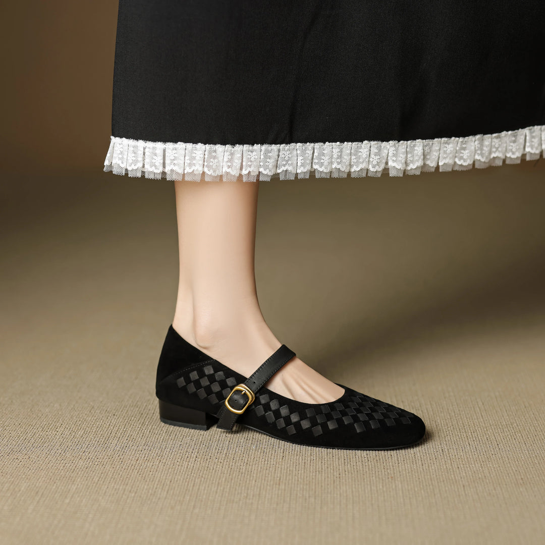 Women's Sheepskin Woven Mary Jane Shoes Diamond Pattern – Block Heel