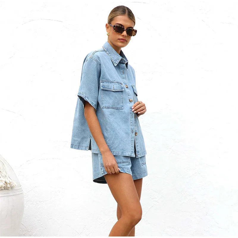 Women's Cotton Denim Two-Piece Set – Button-Down Top Drawstring Shorts