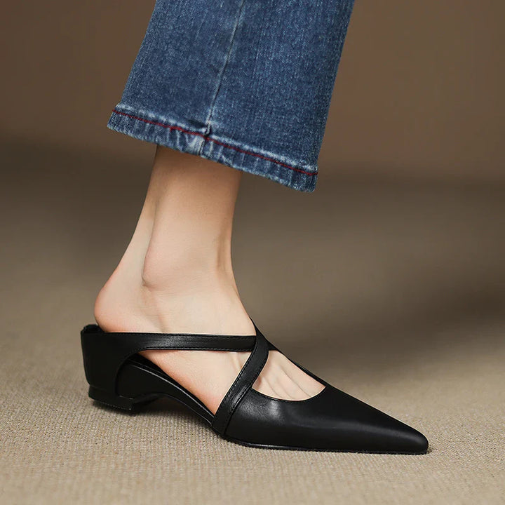 Women's Genuine Leather Cross-Strap Pointed Toe Mules – Low Wedge