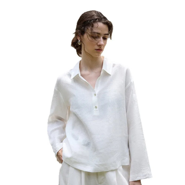Women's 100% Linen Polo Collar Pullover – Relaxed Oversized Fit