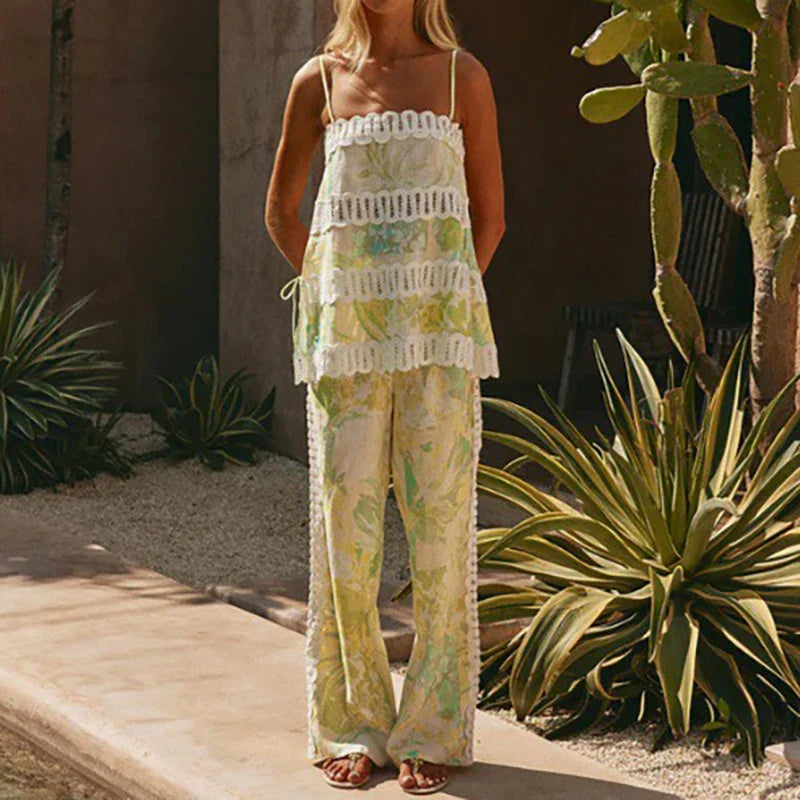 Women's Printed Halter Top Wide-Leg Pants Set – Relaxed Lightweight