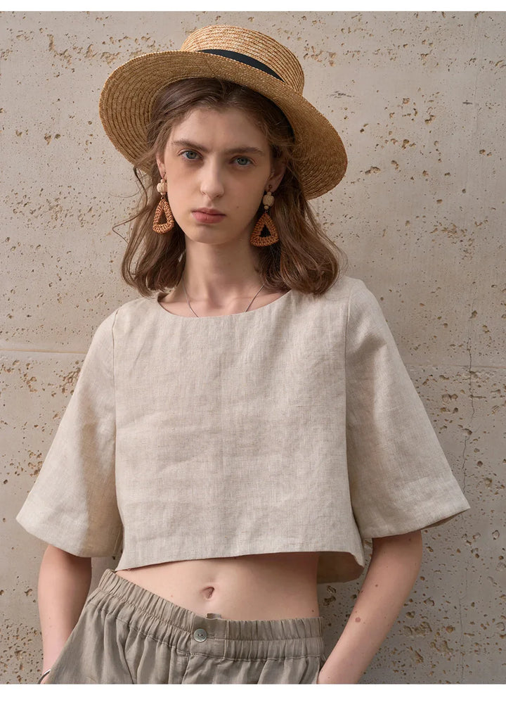 Women's 100% Linen Boxy Crop Top – Round Neck Half Sleeve