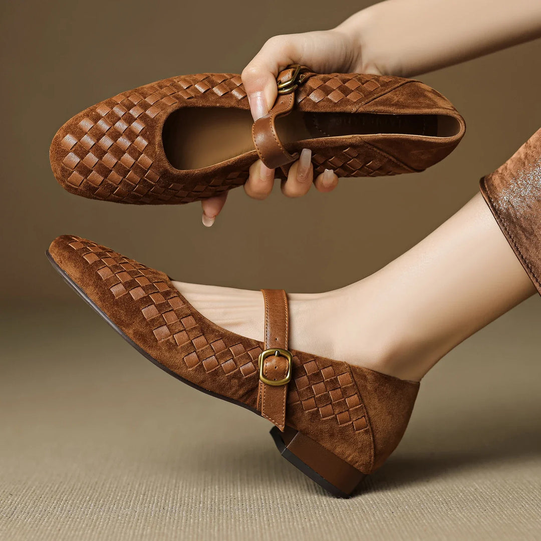 Women's Sheepskin Woven Mary Jane Shoes Diamond Pattern – Block Heel