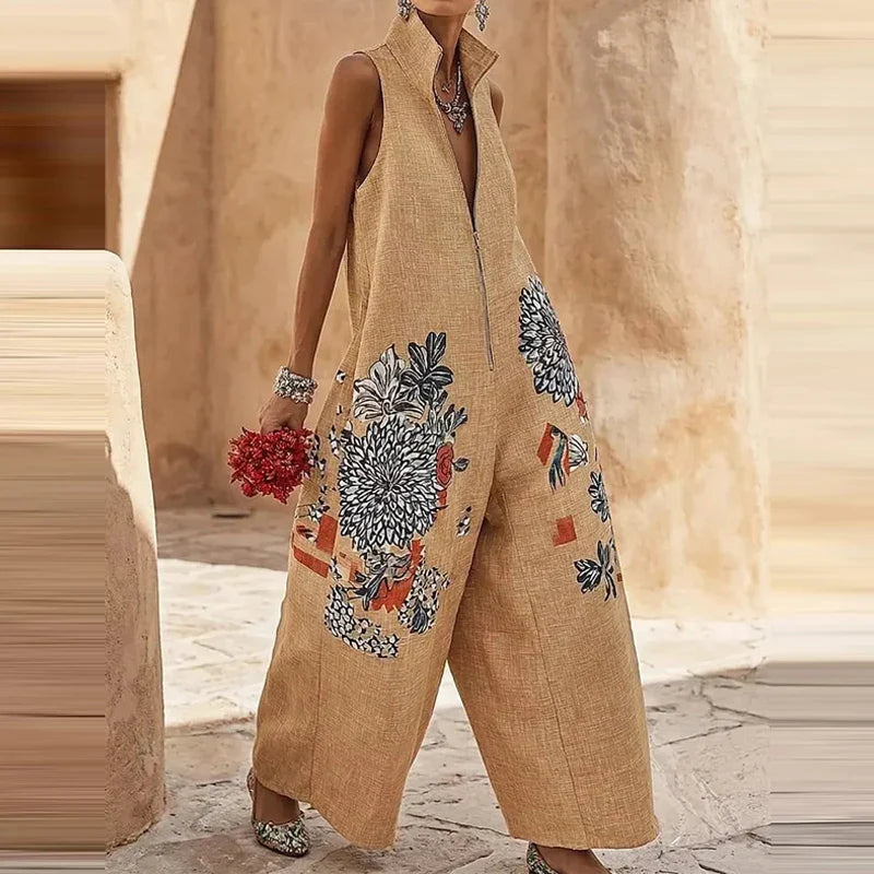 Women's Floral Wide Leg Jumpsuit – Sleeveless High Waist