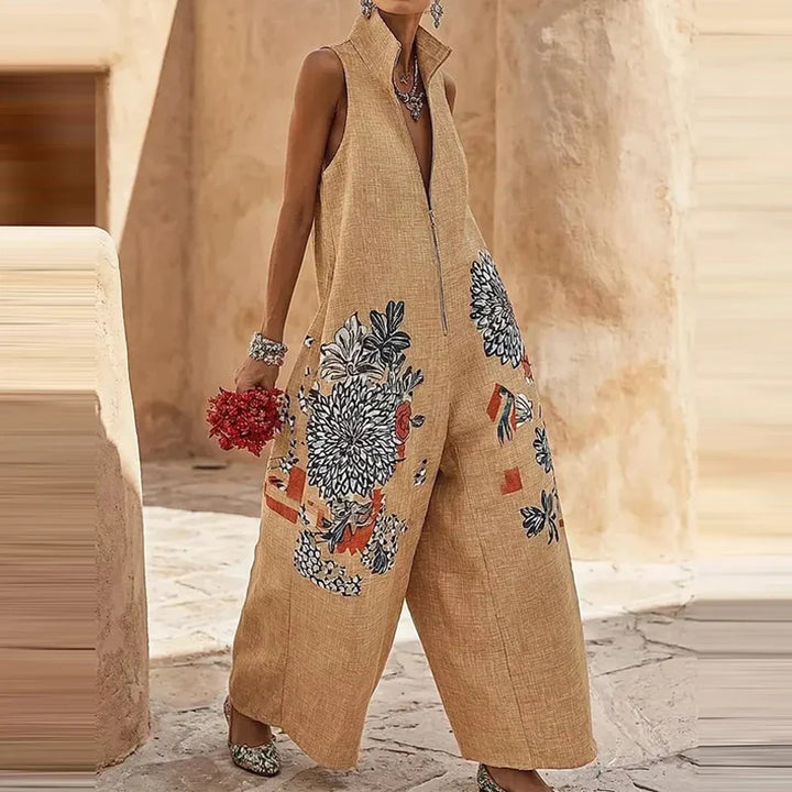 Women's Floral Wide Leg Jumpsuit – Sleeveless High Waist