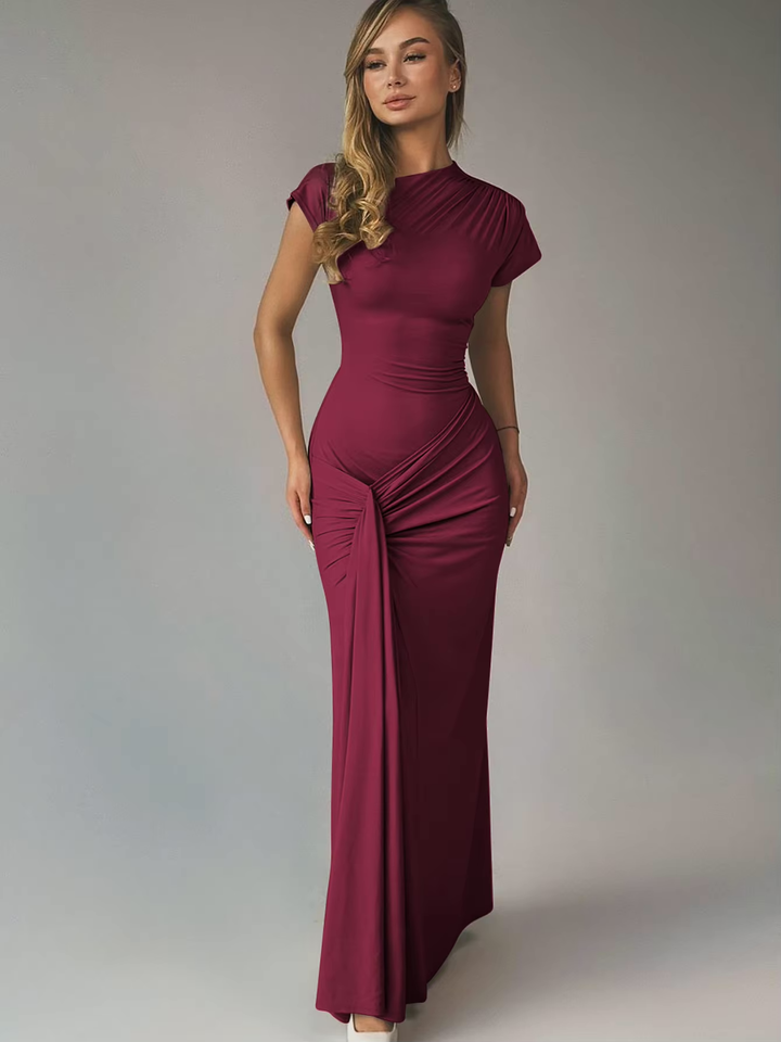 Maxi Dress – Asymmetric Neckline, Lace-Up Back Slim Fit for Women