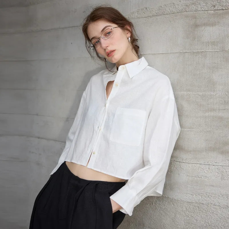 Women's 100% Linen Cropped Oversized Shirt – Long Sleeve