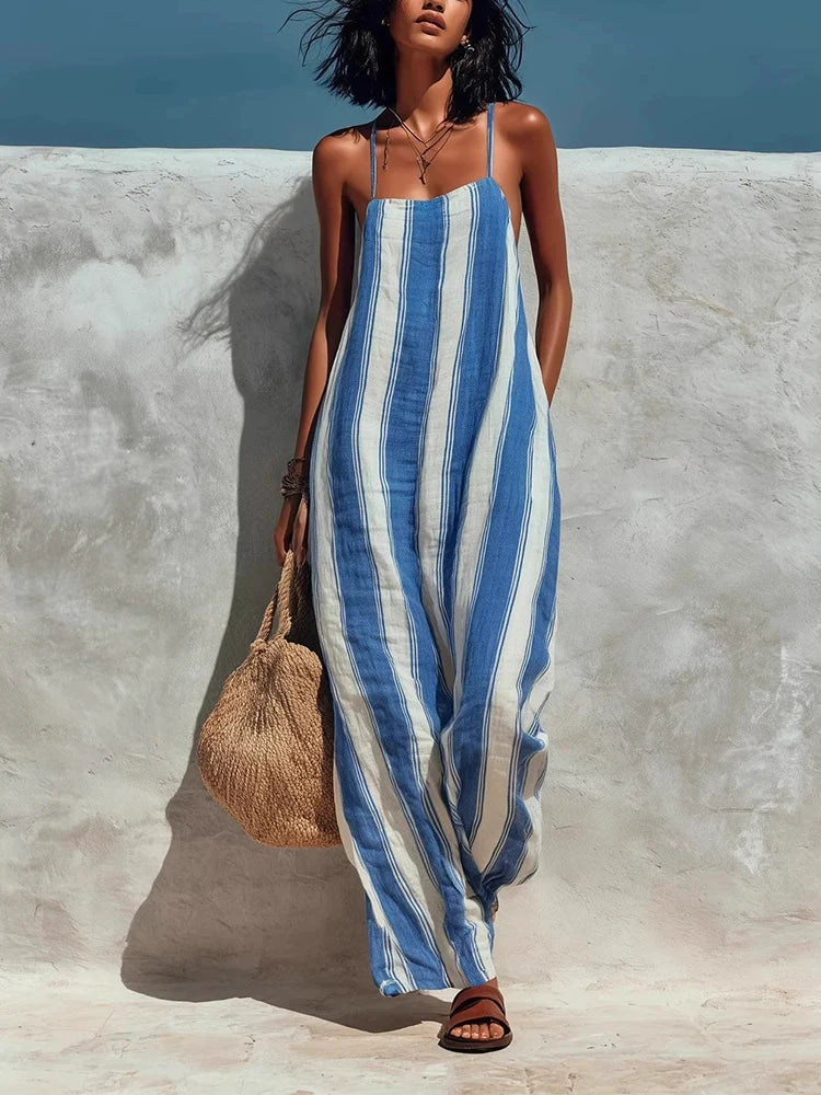 Women's Striped Halter Wide Leg Jumpsuit – Sleeveless High Waist