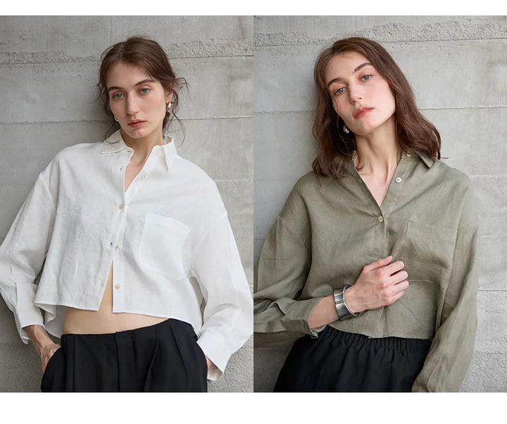 Women's 100% Linen Cropped Oversized Shirt – Long Sleeve