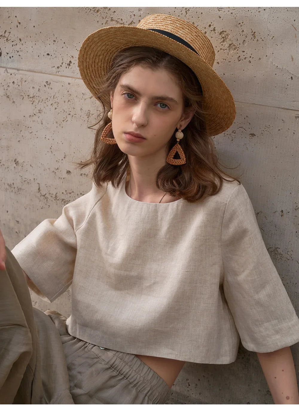 Women's 100% Linen Boxy Crop Top – Round Neck Half Sleeve