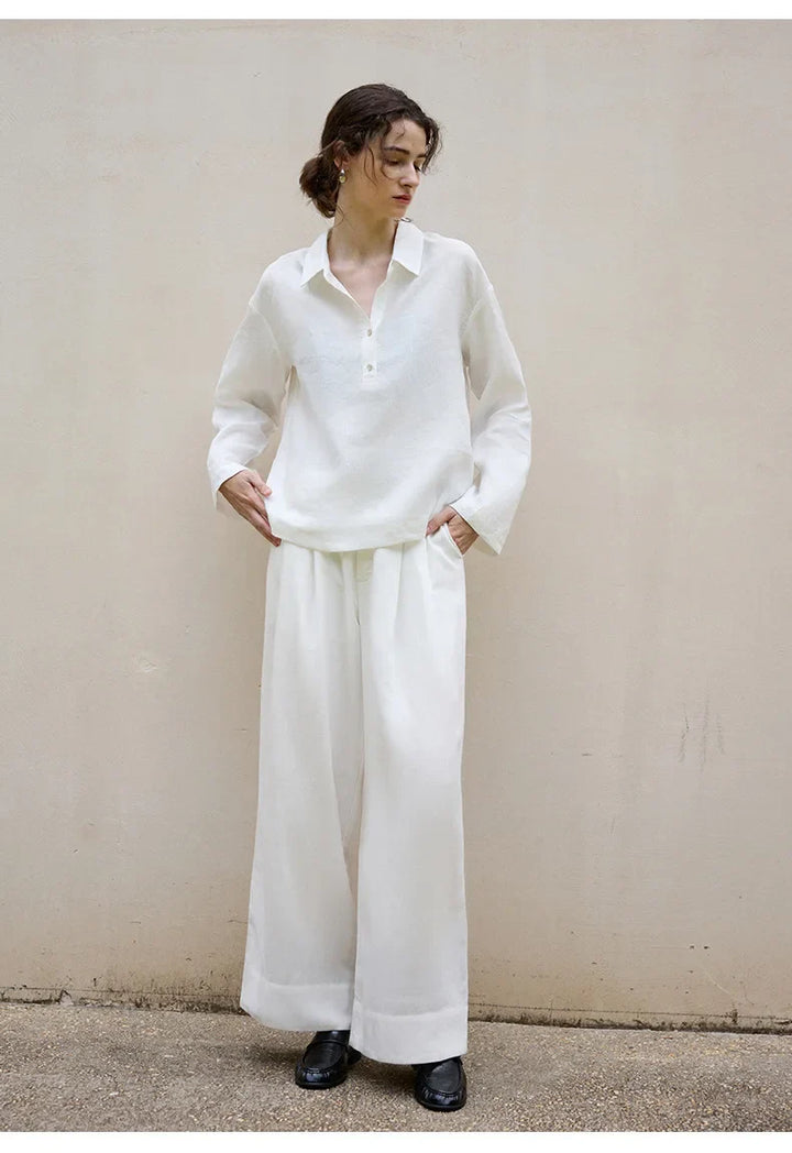 Women's 100% Linen Polo Collar Pullover – Relaxed Oversized Fit
