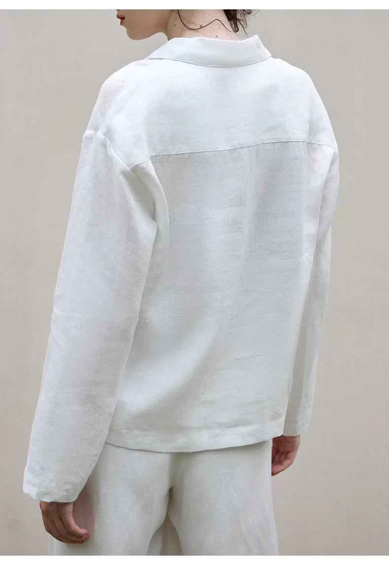 Women's 100% Linen Polo Collar Pullover – Relaxed Oversized Fit