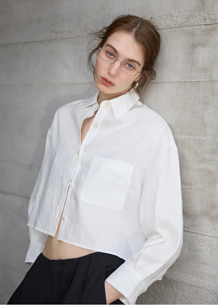 Women's 100% Linen Cropped Oversized Shirt – Long Sleeve