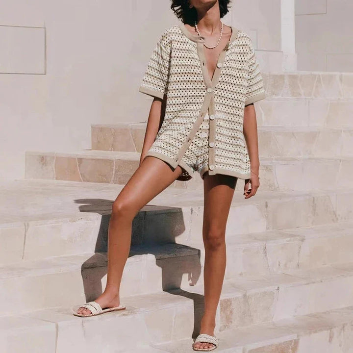 Women's Two Piece Knit Striped Cardigan & Shorts Set
