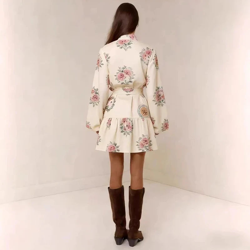 Women's Floral Button-Down Mini Dress – Stand Collar Lantern Sleeve Ruffle