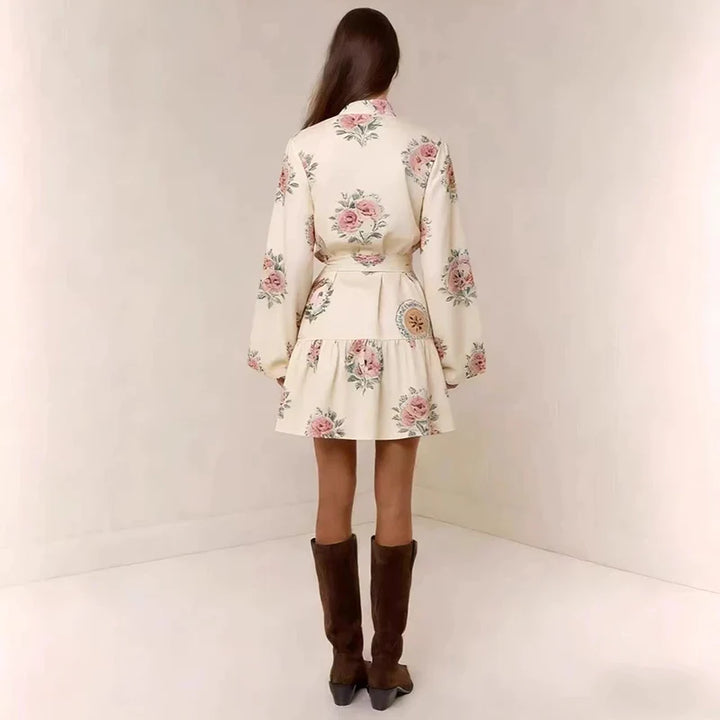 Women's Floral Button-Down Mini Dress – Stand Collar Lantern Sleeve Ruffle