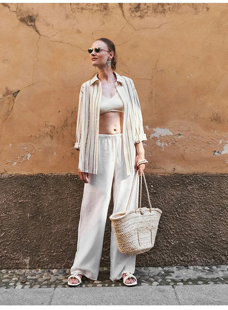 Women's Linen Wide Leg Pants – Low-Rise Elastic Drawstring Waist