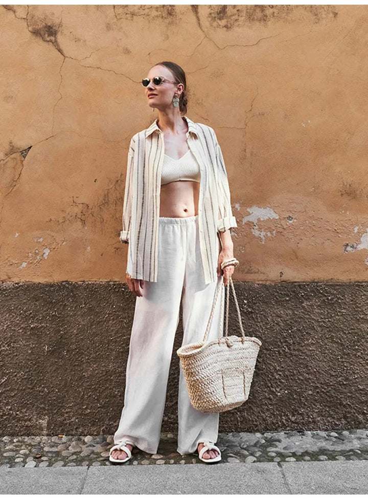 Women's Linen Wide Leg Pants – Low-Rise Elastic Drawstring Waist