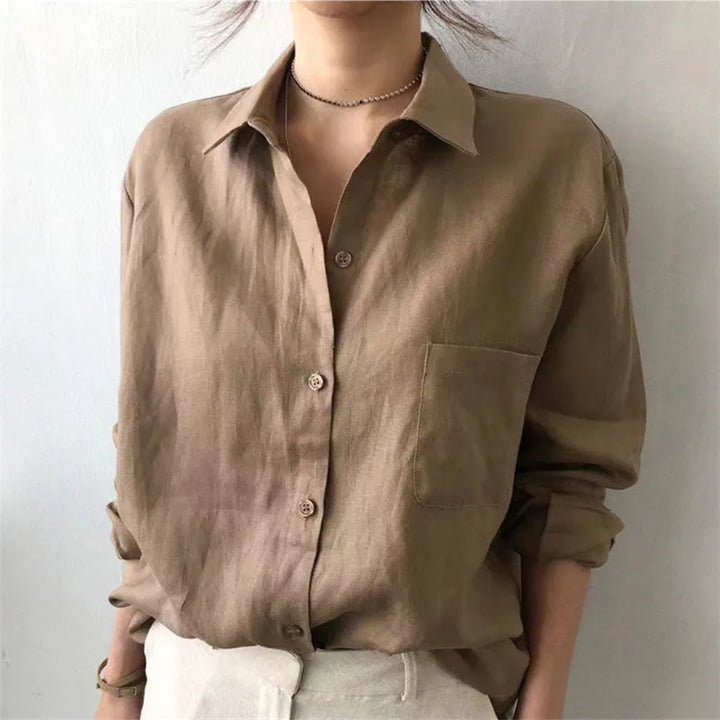 Women's Soft Linen Blend Open Collar Shirt – Relaxed Oversized Fit