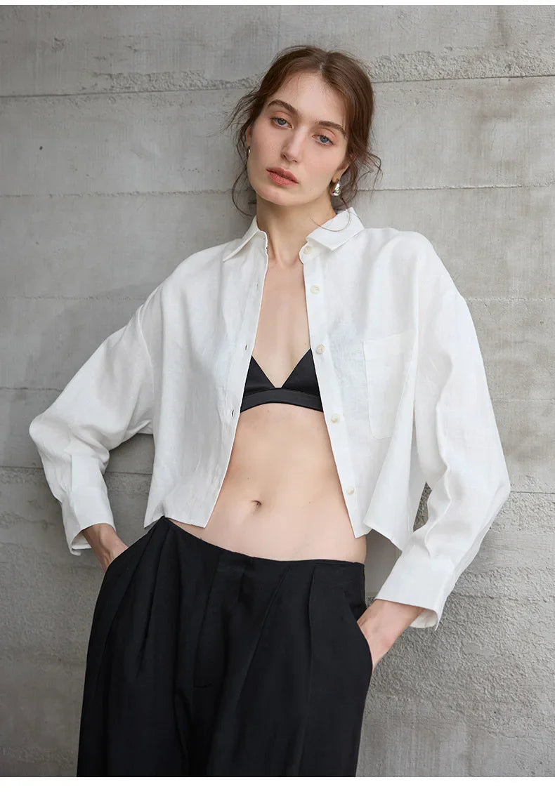 Women's 100% Linen Cropped Oversized Shirt – Long Sleeve