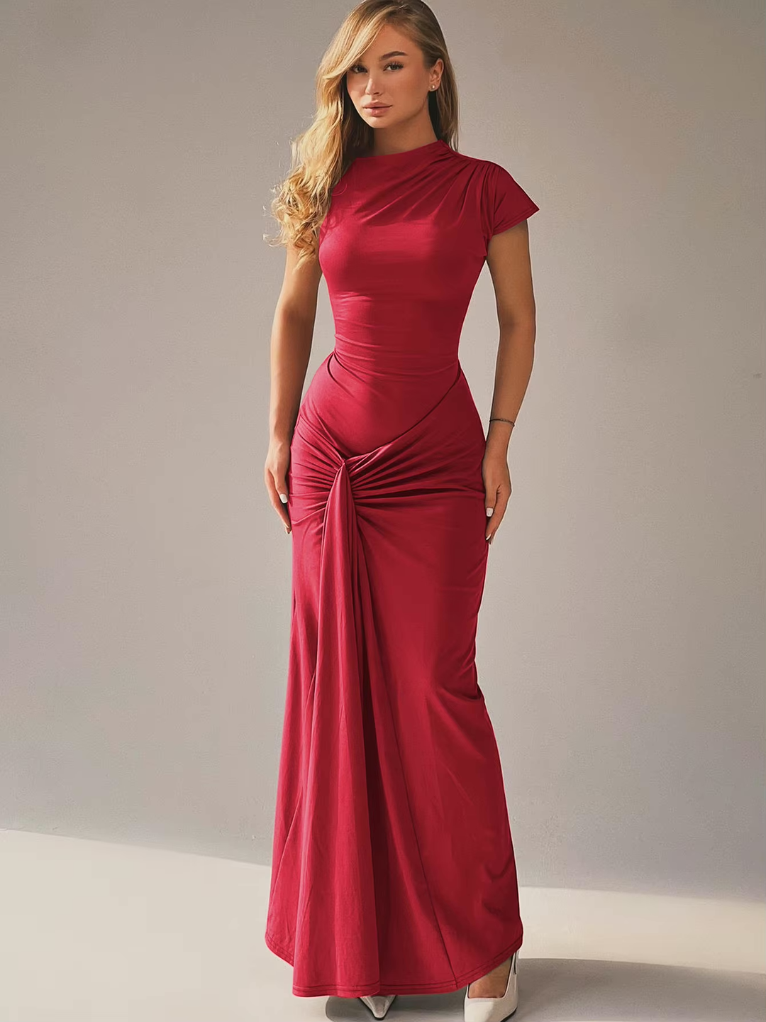 Maxi Dress – Asymmetric Neckline, Lace-Up Back Slim Fit for Women