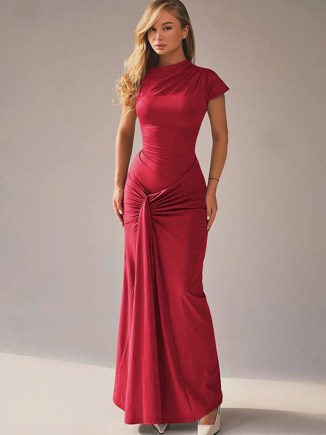 Maxi Dress – Asymmetric Neckline, Lace-Up Back Slim Fit for Women