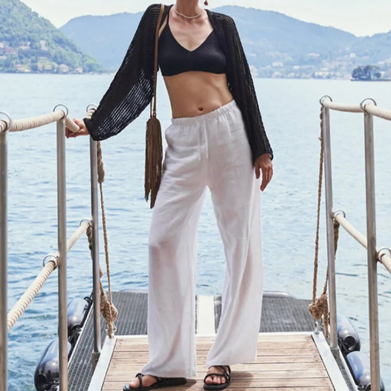Women's Linen Wide Leg Pants – Low-Rise Elastic Drawstring Waist