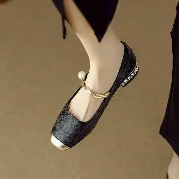 Women's Jacquard Mary Jane Pumps – Pearl Strap Crystal Square Heel