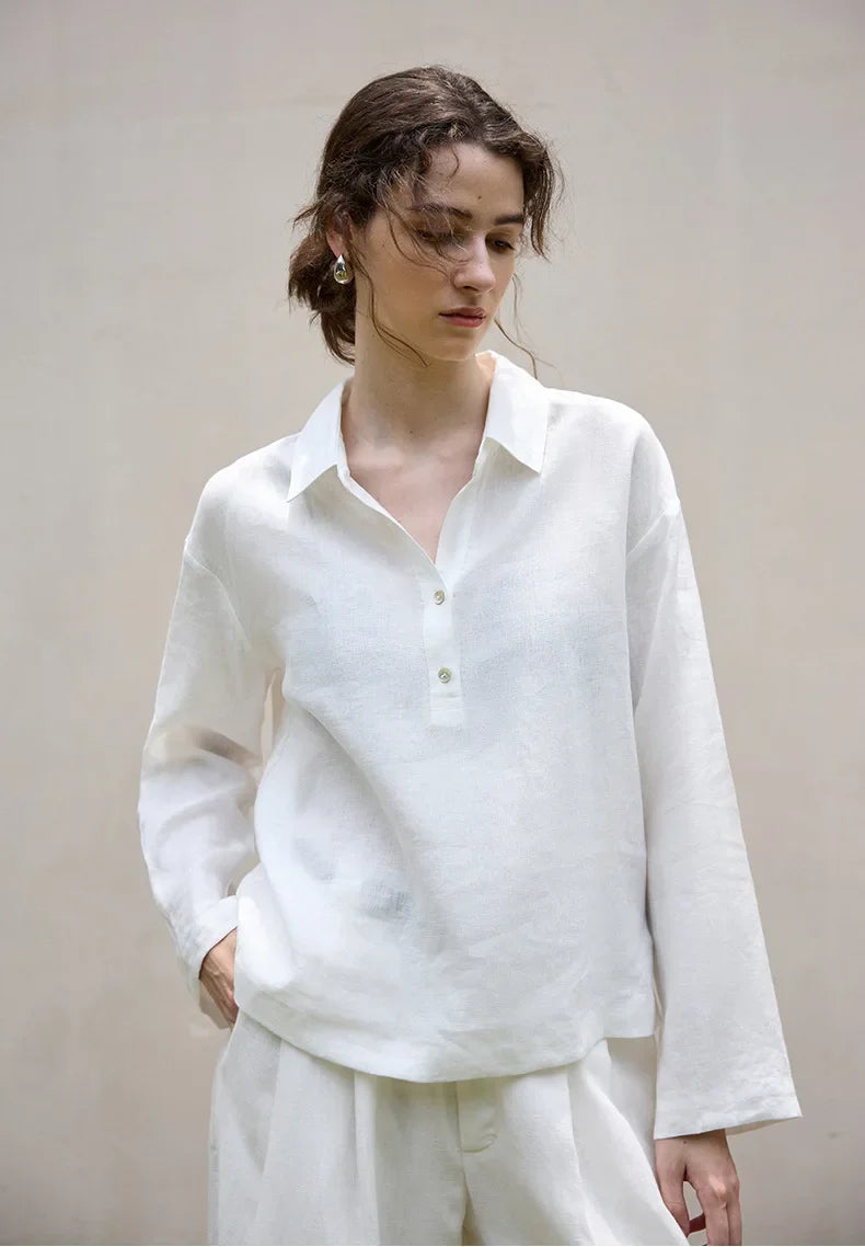 Women's 100% Linen Polo Collar Pullover – Relaxed Oversized Fit