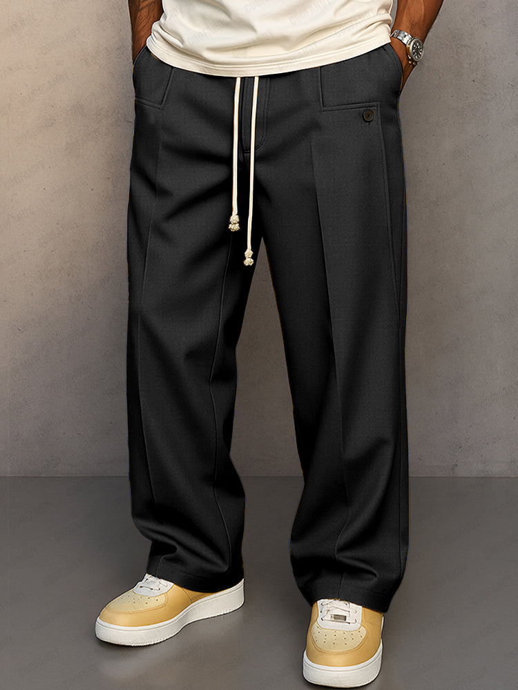 Wide Leg Pleated Trousers for Men – Drawstring Waist