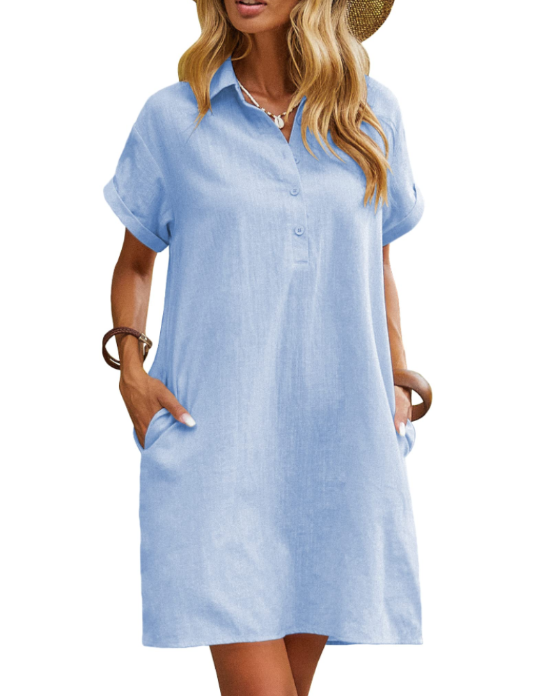 Linen Midi Dress – Women's V-Neck Button-Down Shirt Dress with Pockets