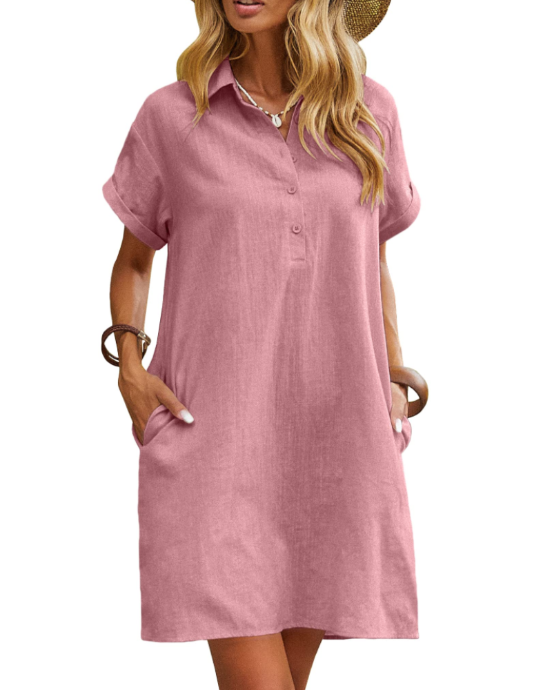 Linen Midi Dress – Women's V-Neck Button-Down Shirt Dress with Pockets